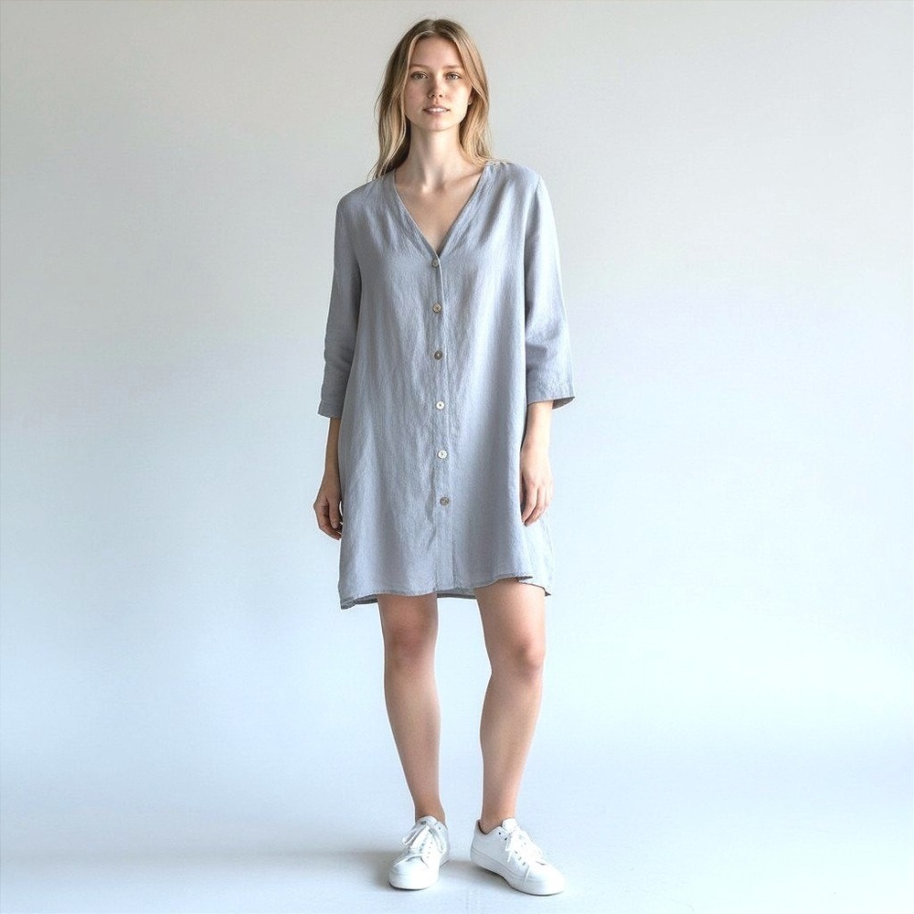 Just Jill‎ Womens Medium Blue Gray 100% Linen Button Front Long Sleeve Tunic Top